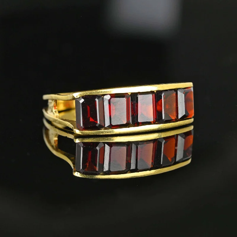 Tiered design rings-Vintage 18K Gold Emerald Cut Garnet Ring, Euro Shank