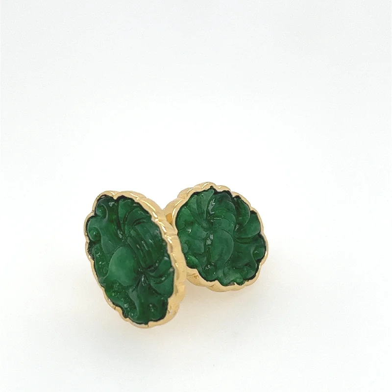 Wide statement earrings-18K Yellow Gold Jade Hand Carved Earrings