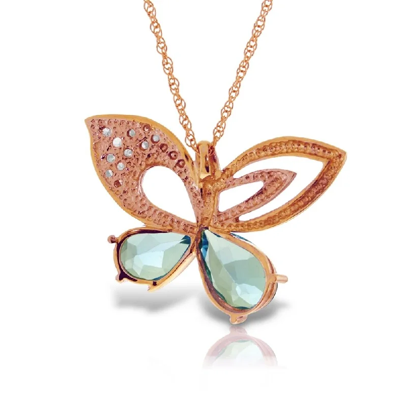 Solid link necklaces-14K Solid Rose Gold Batterfly Necklace with Natural Diamonds & Blue Topaz