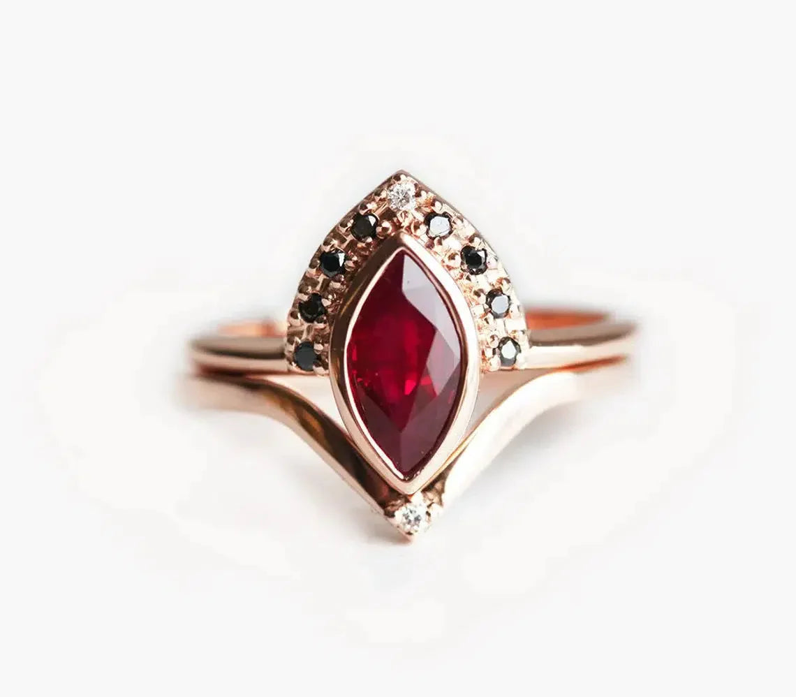 Chunky gem engagement rings-Regina Ruby And Black Diamond Ring Set With Chevron Band