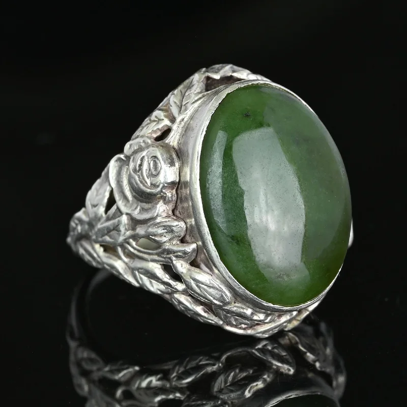 Flow style rings-Large Arts and Crafts Silver Green Moss Agate Ring