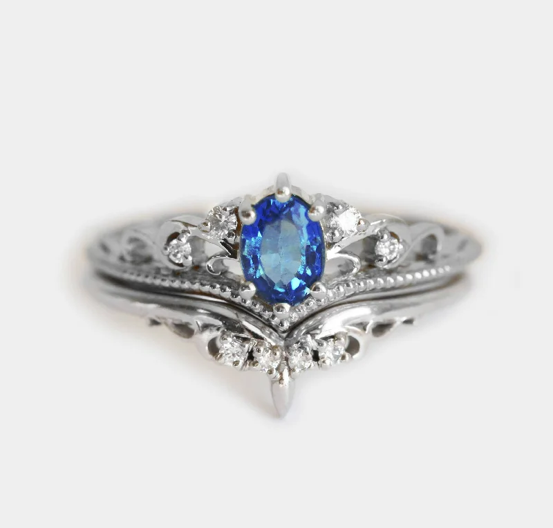 Satin silver engagement rings-Jacqueline Vintage Blue Sapphire Diamond Ring Set