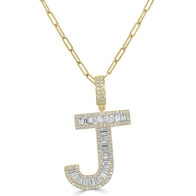 Lapis drop necklaces-Joelle Diamond Baguette Large Initial Paperclip Link Necklace 14K Yellow Gold - J