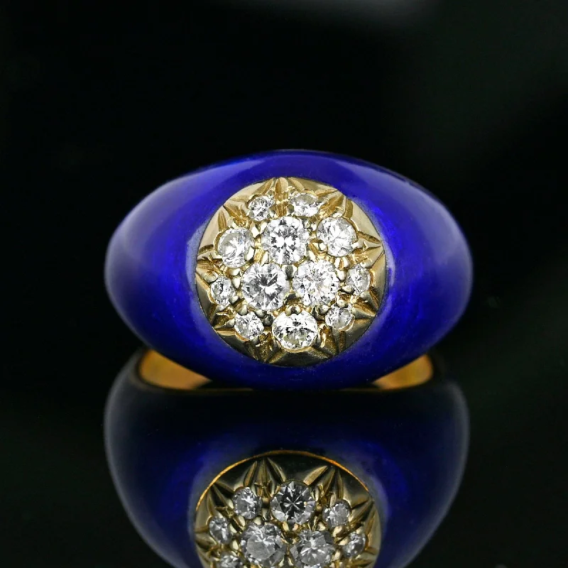 Textured letter rings-Vintage 14K Gold Cobalt Blue Enamel Diamond Dome Ring