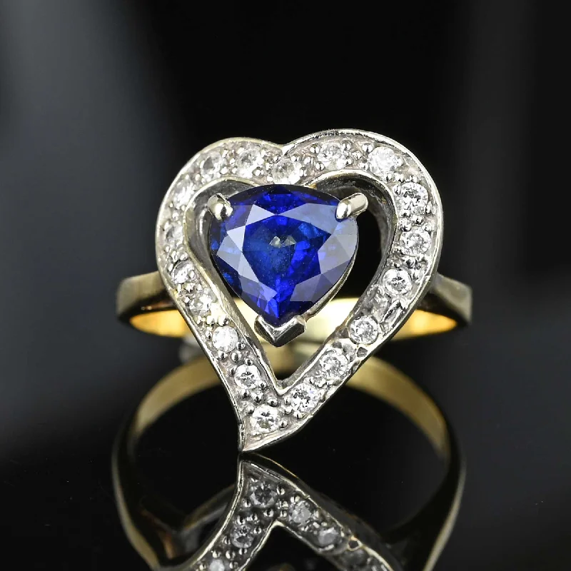 Topaz rings-Vintage 14K Gold Diamond Halo Witches Heart Sapphire Ring