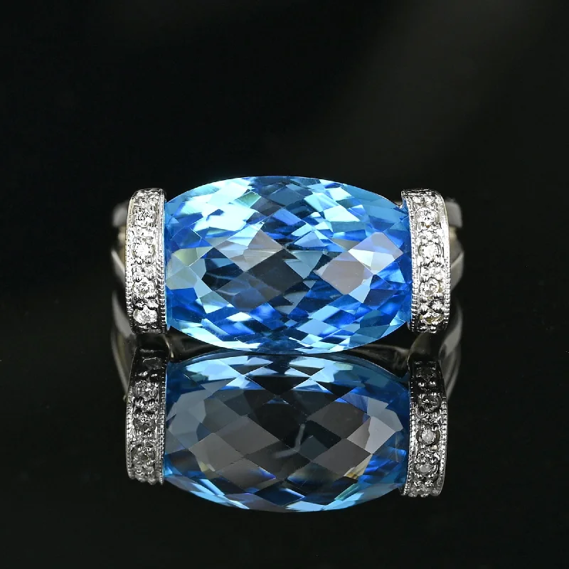 Surf inlay rings-14K White Gold Checkerboard Blue Topaz Diamond East West Ring