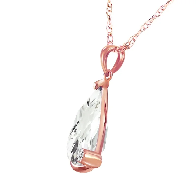 Round pendant necklaces-14K Solid Rose Gold Necklace with Briolette Checkerboard Cut White Topaz & Diamond