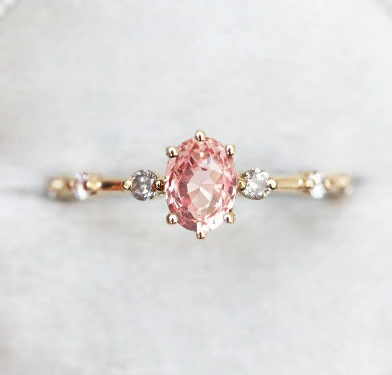 Wide halo engagement rings-Ophelia Peach Sapphire Diamond Ring