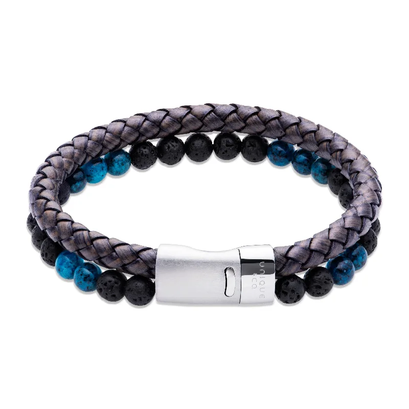 Unique & Co Lava Stone and Turquoise Bead Black Leather Bracelet