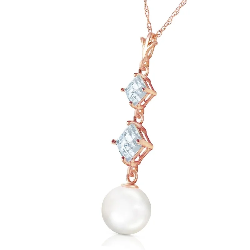 Wide chain necklaces-14K Solid Rose Gold Necklace with Natural Aquamarines & pearls