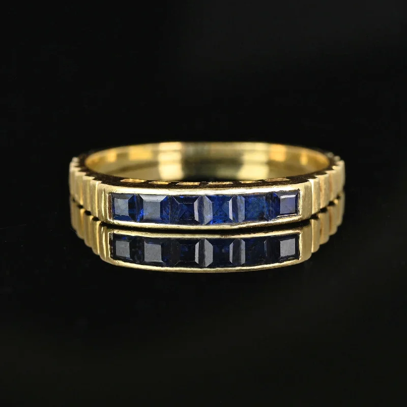 Bold stone rings-Ribbed 14K Gold Channel Set Sapphire Ring Band