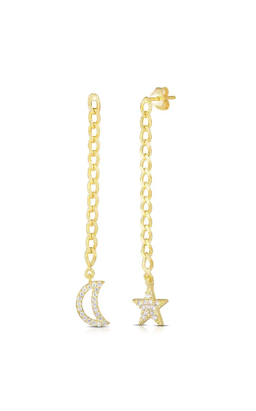 Worn medallion earrings-Moon And Star Cuban Chain Drop Stud Earring