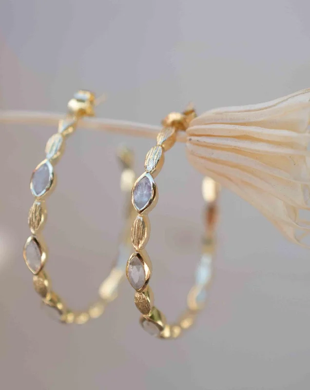 Thin pearl earrings-Moonstone Hoop Earrings 18k Gold Plated Earrings ~ ME208