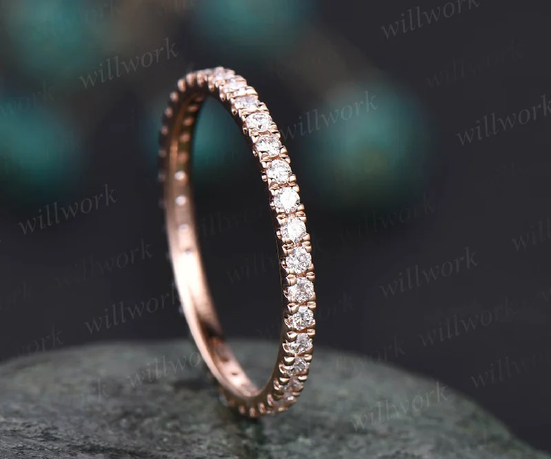 Chunky gem engagement rings-Vintage diamond ring 14k rose gold ring 1.5mm diamond ring full eternity diamond wedding band matching stacking ring anniversary ring gift