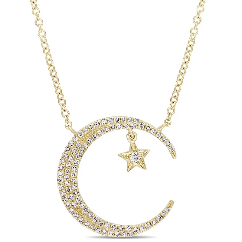 Spring clasp necklaces-Miadora Signature Collection 14k Yellow Gold 1/5ct TDW Diamond Crescent Moon and Star Adjustable Necklace - White