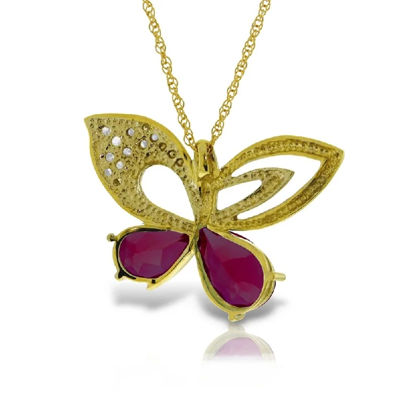 Polished bead necklaces-14K Solid Gold Batterfly Necklace withNatural Diamonds & rubyes