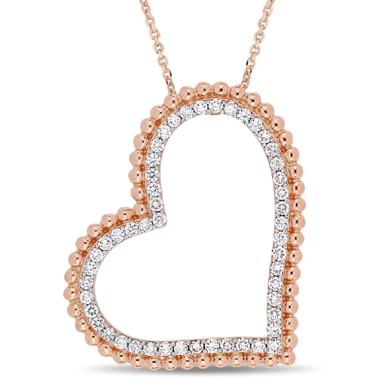 Leaf design necklaces-Miadora Signature Collection 14k Rose Gold 1ct TDW Diamond Tilted Open Heart Halo Necklace