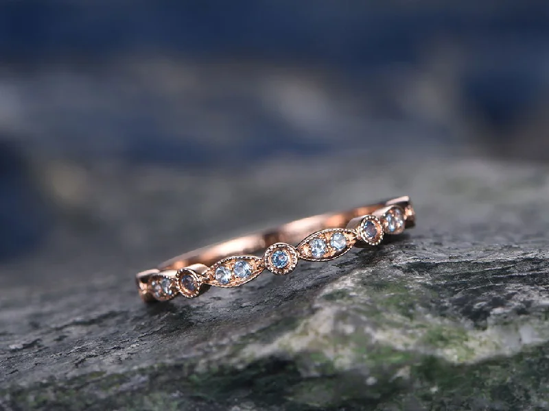 Oval cut engagement rings-blue topaz wedding ring rose gold marquise diamond ring half eternity art deco matching stacking band tiny stones promise ring gift for her