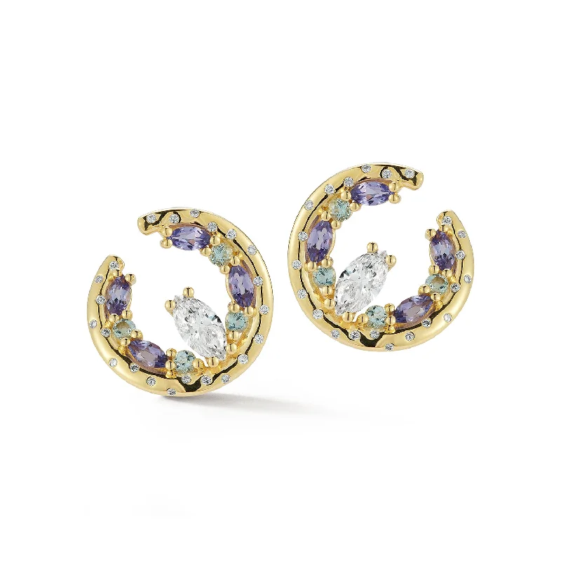 Morganite stud earrings-Diamond, Tanzanite, and Topaz Crested Wave Hoops