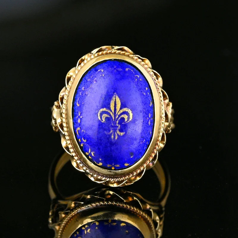 Tiered design rings-Vintage 14K Gold Cobalt Blue Enamel Fleur De Lis Ring