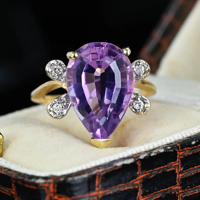 Light wood rings-Vintage 14K Gold Diamond Wing Pear Cut Amethyst Ring