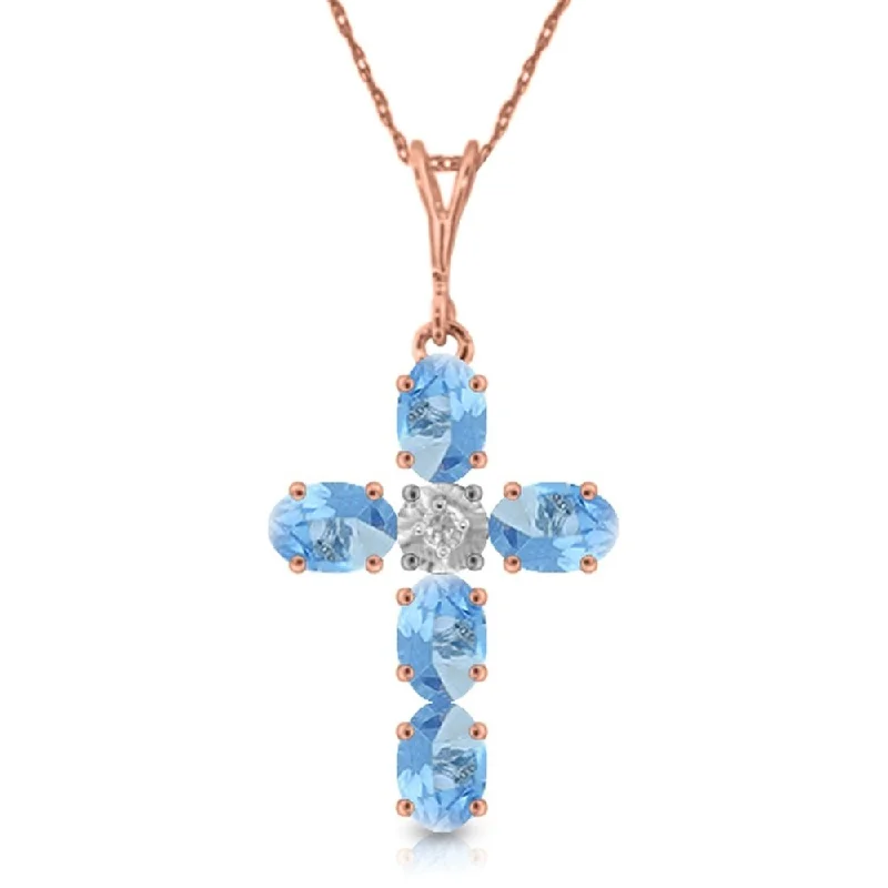 Sleek drop necklaces-1.75 Carat 14K Rose Gold Cross Necklace Natural Diamond Blue Topaz