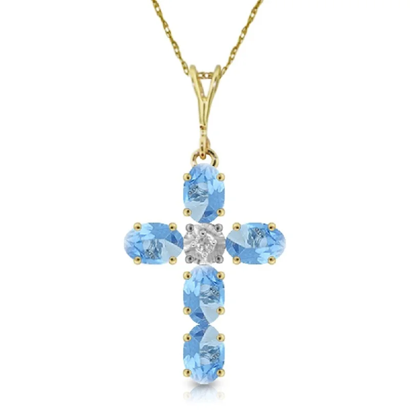 High gloss necklaces-1.75 Carat 14K Gold Cross Necklace Natural Diamond Blue Topaz