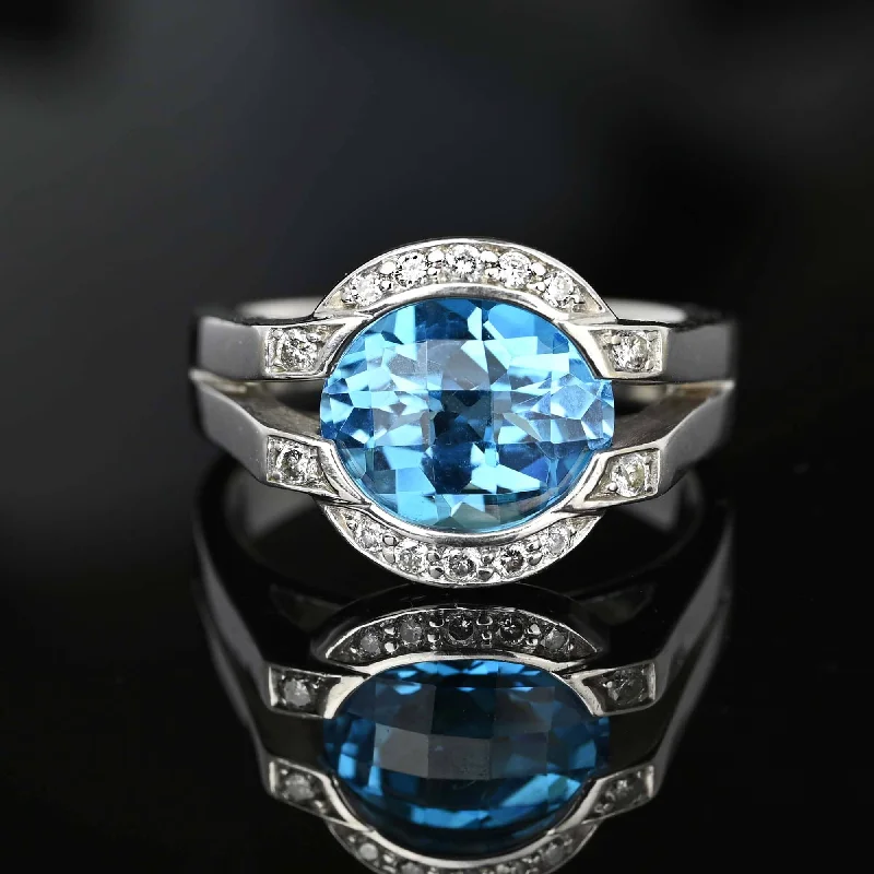 Wide geometric rings-Diamond Floating Checkerboard Blue Topaz Ring in 14K White Gold