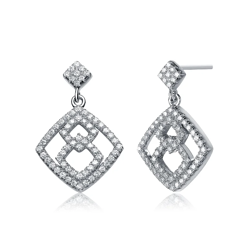 Layered drop earrings-Déco Triple Square Halo Earrings