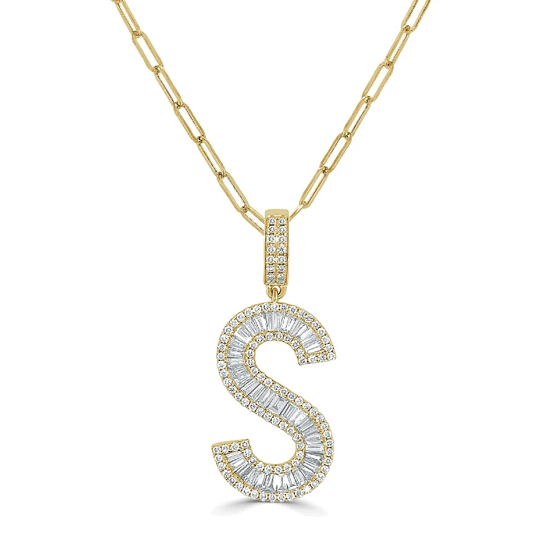 Coiled cord necklaces-Joelle Diamond Baguette Large Initial Paperclip Link Necklace 14K Yellow Gold - S