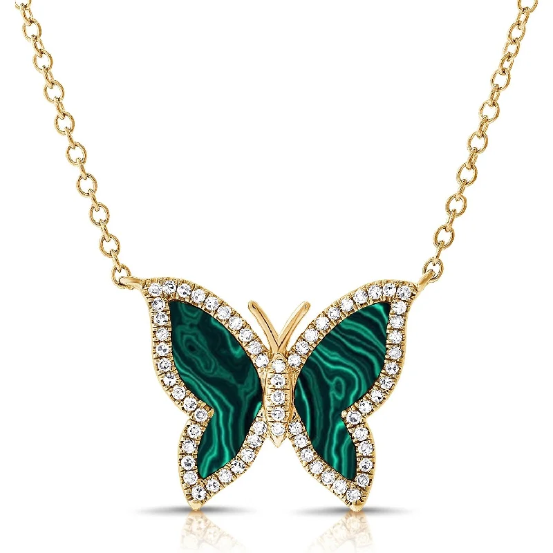 Neat-line necklaces-Joelle Diamond & Malachite Green Butterfly 1/5 ct. Pave Necklace 14K Gold