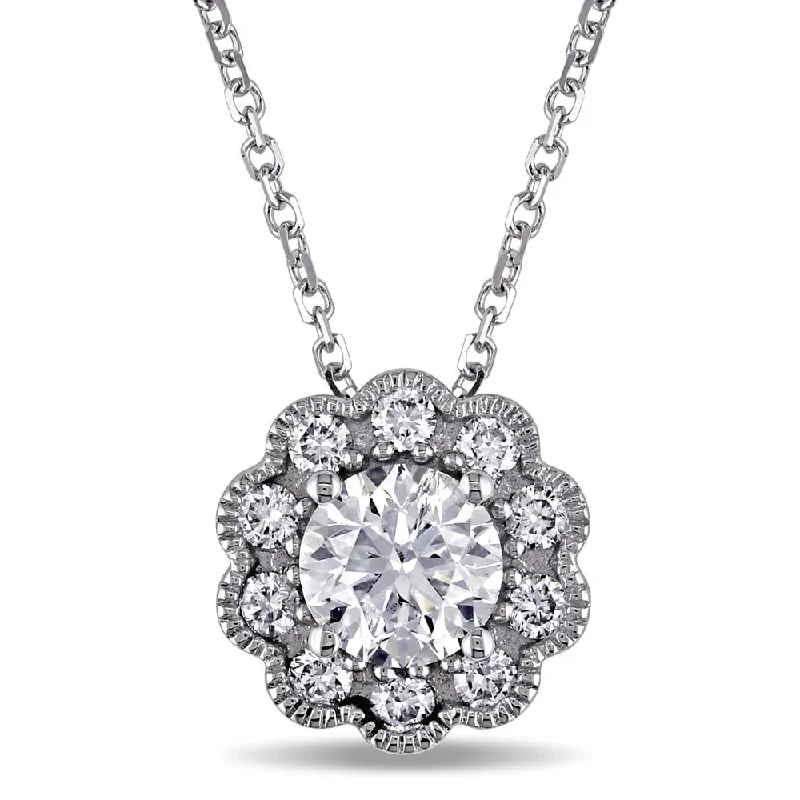 Retro photo necklaces-Miadora Signature Collection 14k White Gold 1ct TDW Diamond Halo Flower Necklace