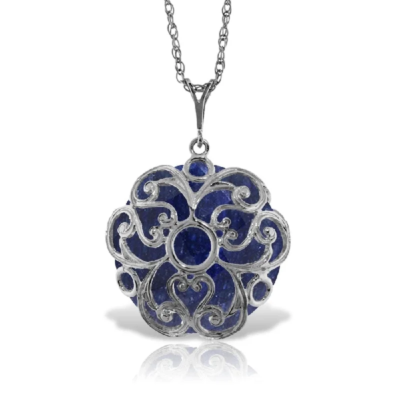 Drape-style necklaces-14K Solid White Gold Necklace with Checkerboard Cut Round Dyed Sapphire