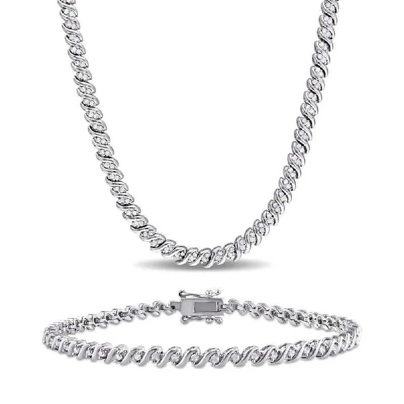 Stamped initial necklaces-Miadora Sterling Silver 1 1/2ct TDW Diamond S-Link Tennis Necklace and Bracelet Set