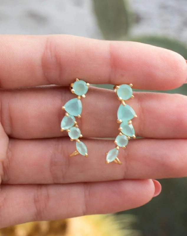 Curved design earrings-Aqua Chalcedony Ear Climber Earrings ~ 18k Gold Plated ~ ME172