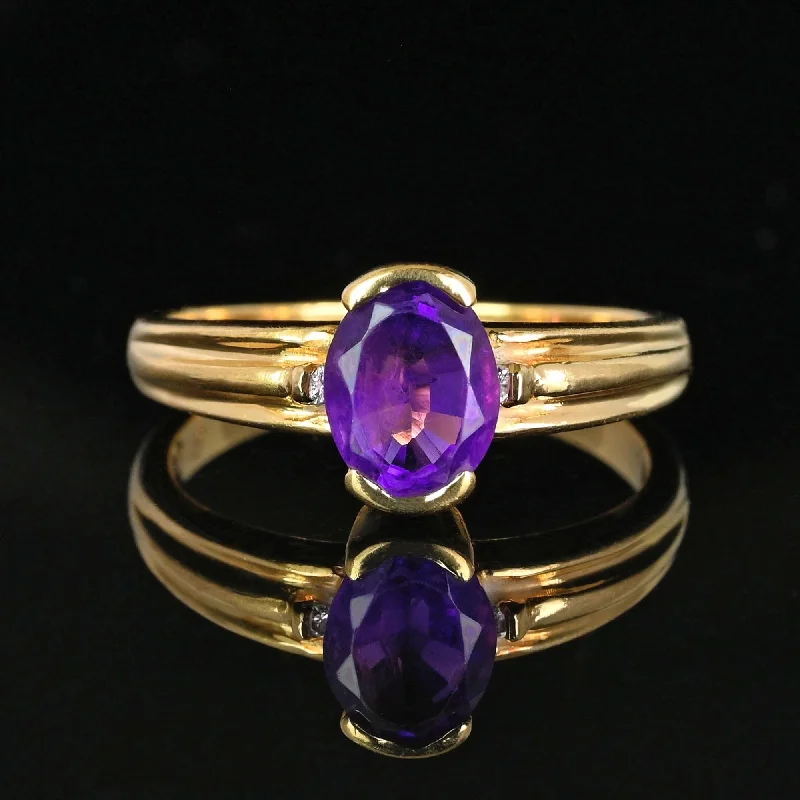 Topaz rings-Vintage Ribbed Gold Band Diamond Accent Amethyst Ring