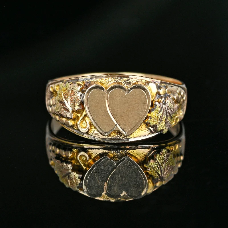 Chunky stone rings-Vintage Rose and Yellow Gold Double Heart Ring Band