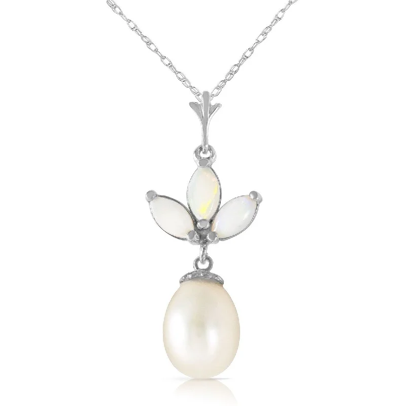 Drape-style necklaces-4.75 Carat 14K Solid Gold Gemstone Necklace Genuine Pearl Opal