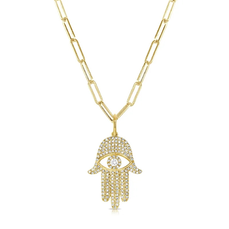 Vibrant enamel necklaces-Joelle Diamond Hamsa Necklace Hand of God 14K Yellow Gold on 18-inch Paperclip Chain