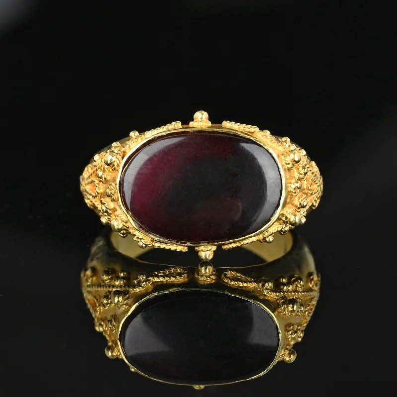 Baroque pearl rings-Etruscan 18K Gold East West Carnelian Signet Ring, Hammered Band