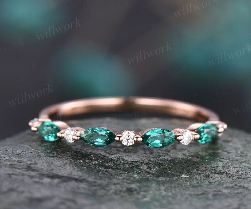 Radiant star engagement rings-Marquise emerald ring emerald wedding band real diamond wedding ring band diamond ring for women 14k rose gold unique vintage ring gift