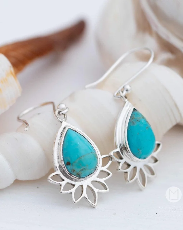 Simple cross earrings-Lotus flower Turquoise or Moonstone Earrings ~ Sterling Silver 925 ~ ME155