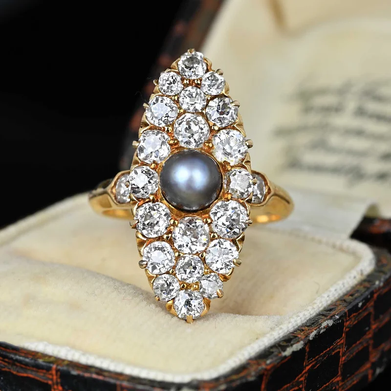 Cedar grain rings-Antique Gray Pearl Mine Cut Diamond Navette Ring in Gold