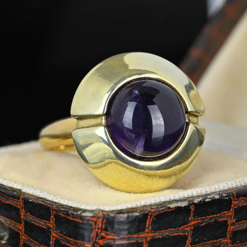 Vivid druzy rings-Heavy 14K Gold Amethyst Cabochon Target Style Ring