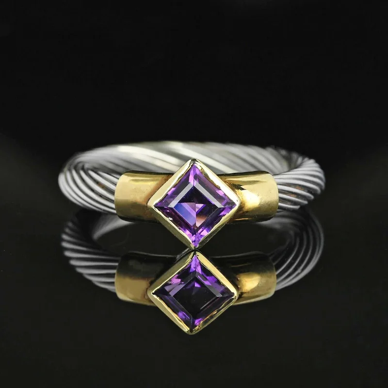 Amethyst solitaire rings-David Yurman Style 14K Gold Silver Wire Amethyst Ring Band