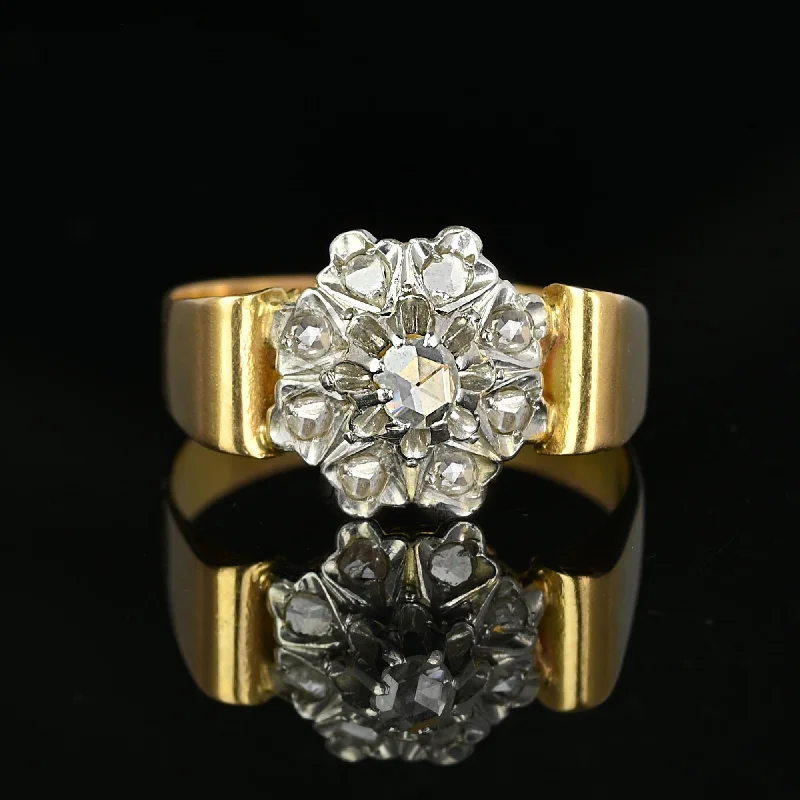 Hand-polished rings-Antique 14K Gold Rose Cut Diamond Halo Cluster Ring