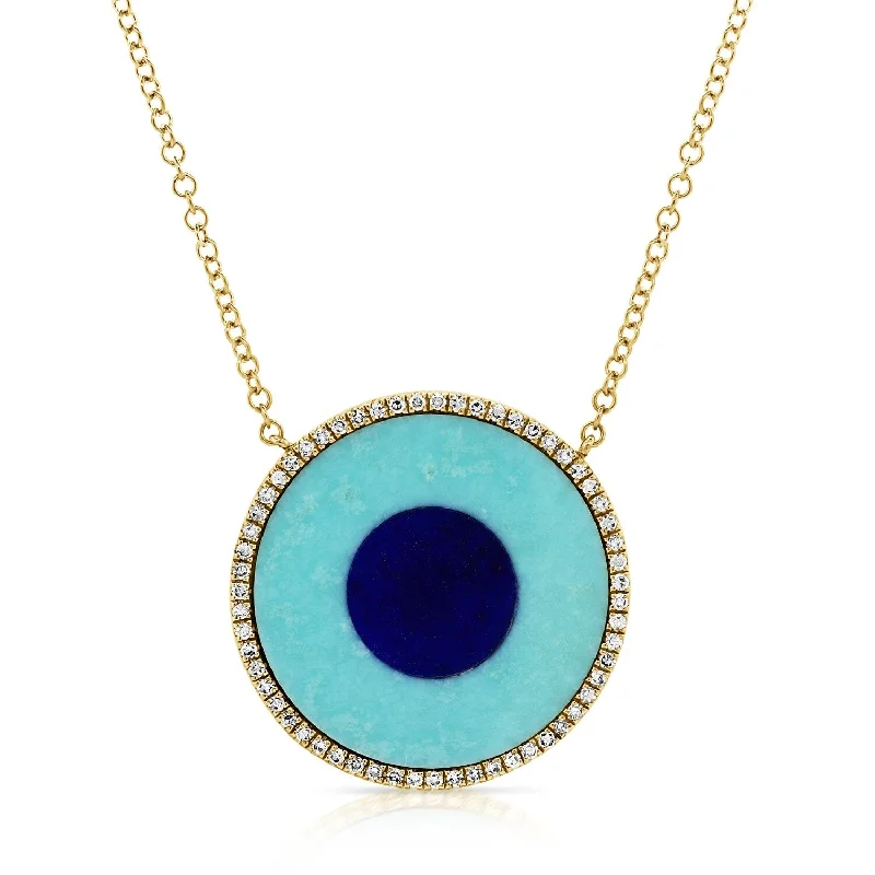 Cedar wood necklaces-Joelle Diamond & Turquoise Evil Eye Circle Necklace 14K Gold