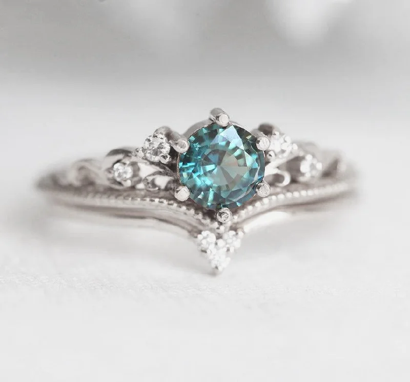 Sapphire halo engagement rings-Bella Teal Sapphire Diamond Ring