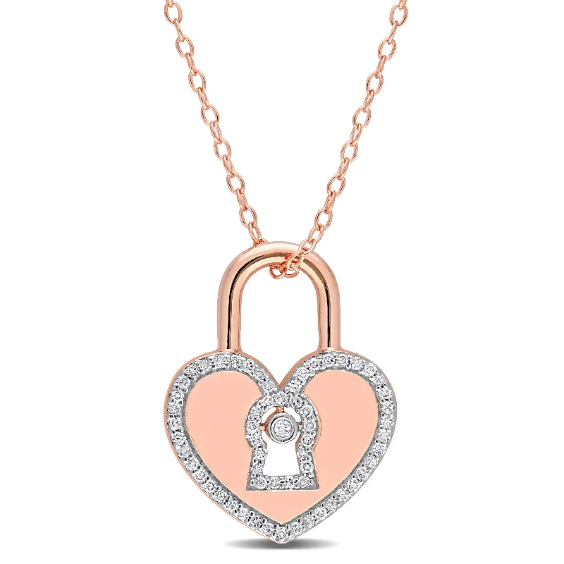 Alloy metal necklaces-Miadora 1/5ct TDW Diamond Heart Lock Necklace in Rose Plated Sterling Silver