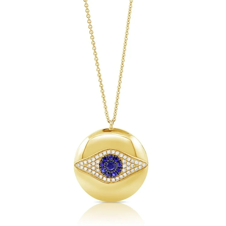 Light wood necklaces-Joelle Diamond Evil Eye Circle Disc Necklace 14K Gold